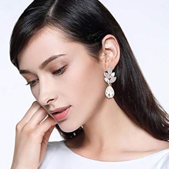 Silver with White Diamond Crystal Leaf Teardrop Dangling Post Back Drop Earrings - Picture 4 of 5